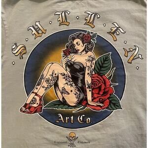 Sullen Art Collective T Shirt One Rose Graphic Pin Up Girl Sea Foam Small A125